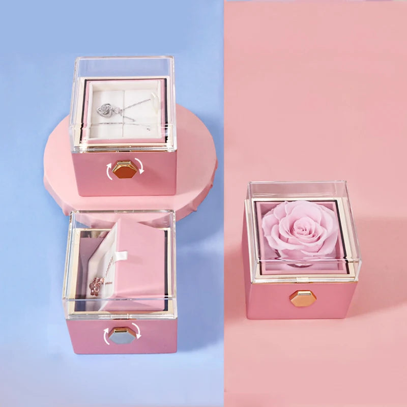 Caja de regalo giratoria con forma de rosa, para anillos, collares y joyas con forma de flor.