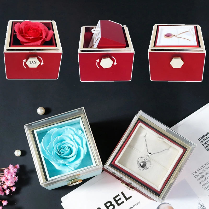 Caja de regalo giratoria con forma de rosa, para anillos, collares y joyas con forma de flor.