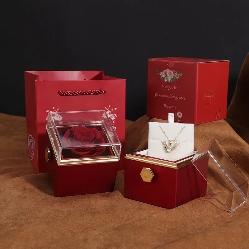 Caja de regalo giratoria con forma de rosa, para anillos, collares y joyas con forma de flor.