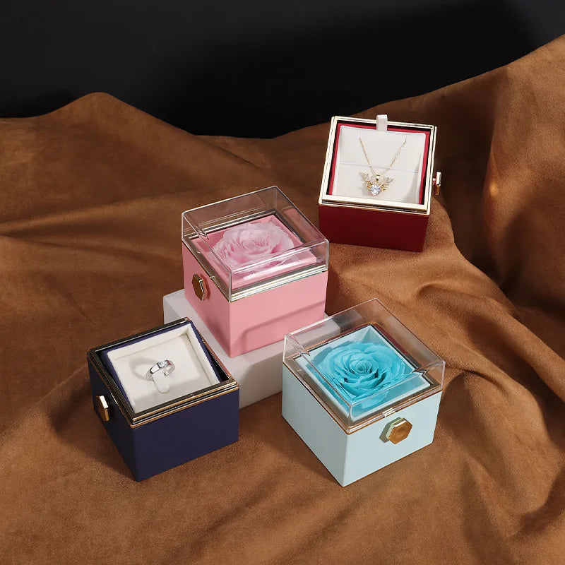 Caja de regalo giratoria con forma de rosa, para anillos, collares y joyas con forma de flor.