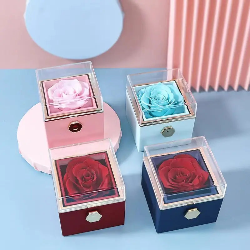 Caja de regalo giratoria con forma de rosa, para anillos, collares y joyas con forma de flor.