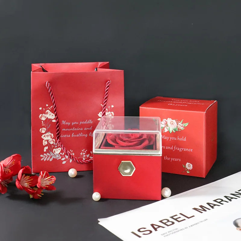 Caja de regalo giratoria con forma de rosa, para anillos, collares y joyas con forma de flor.